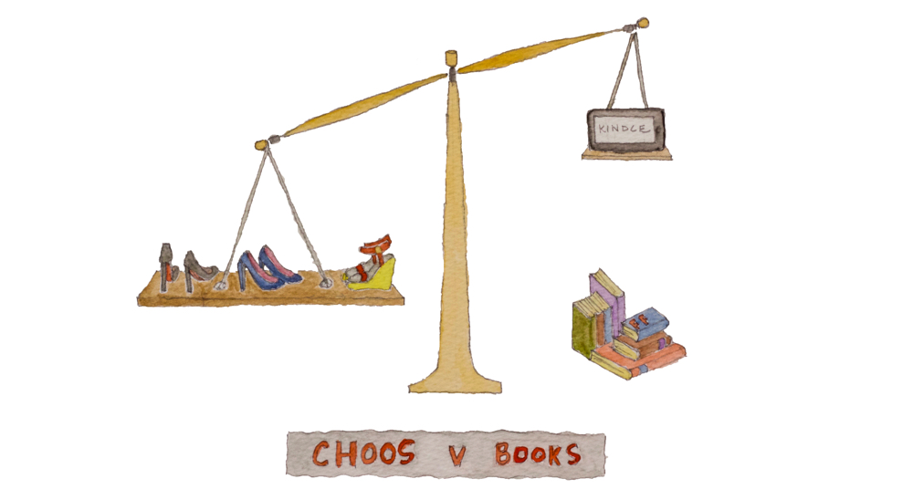 Watercolour of Choos v Books | Fabulous Fabsters