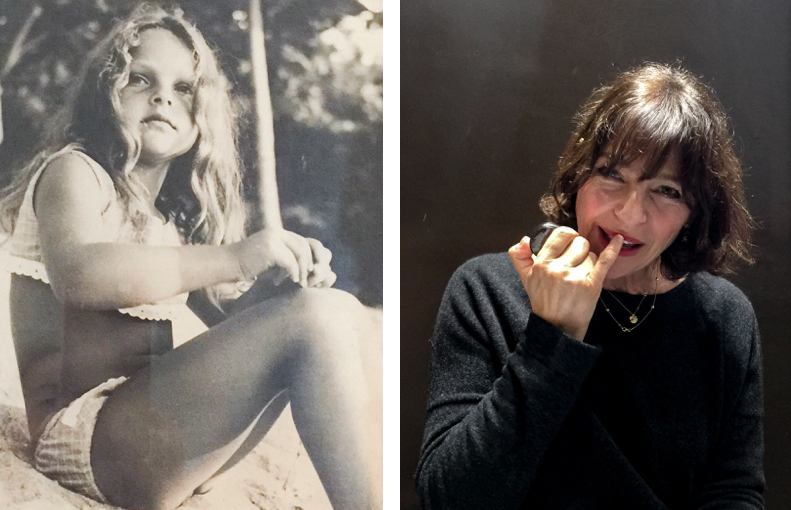 Black and white photo of young girl in the 1960's sitting on the beach and photo of woman with short brown hair applying red lipstick