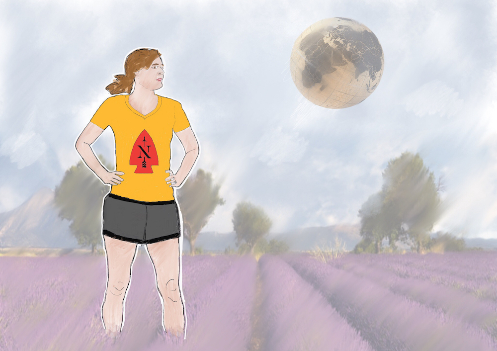 Female warrior walking out of lavender fields — collage and drawing. Next Tribe