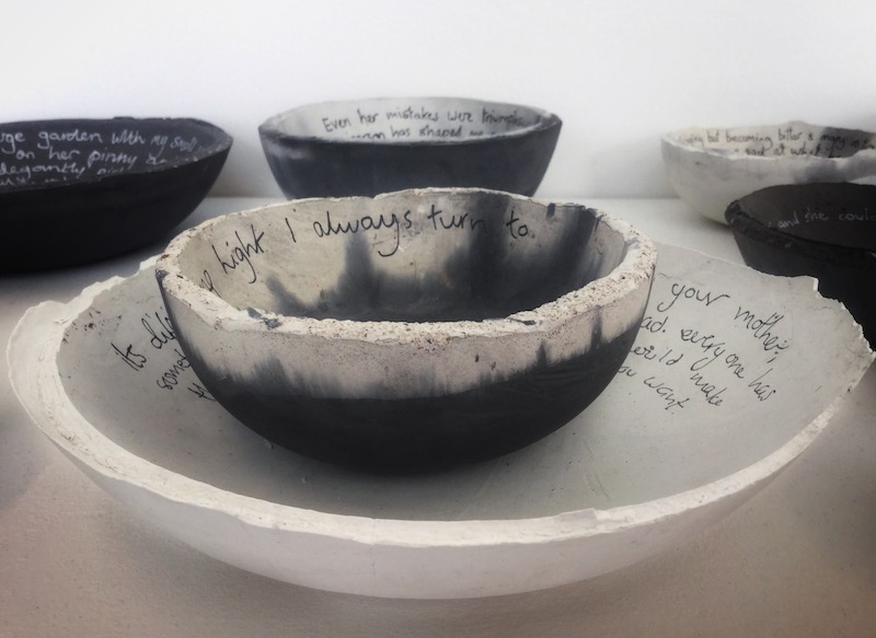 Stack of concrete Mother bowls with written inscription by Tracey Kershaw