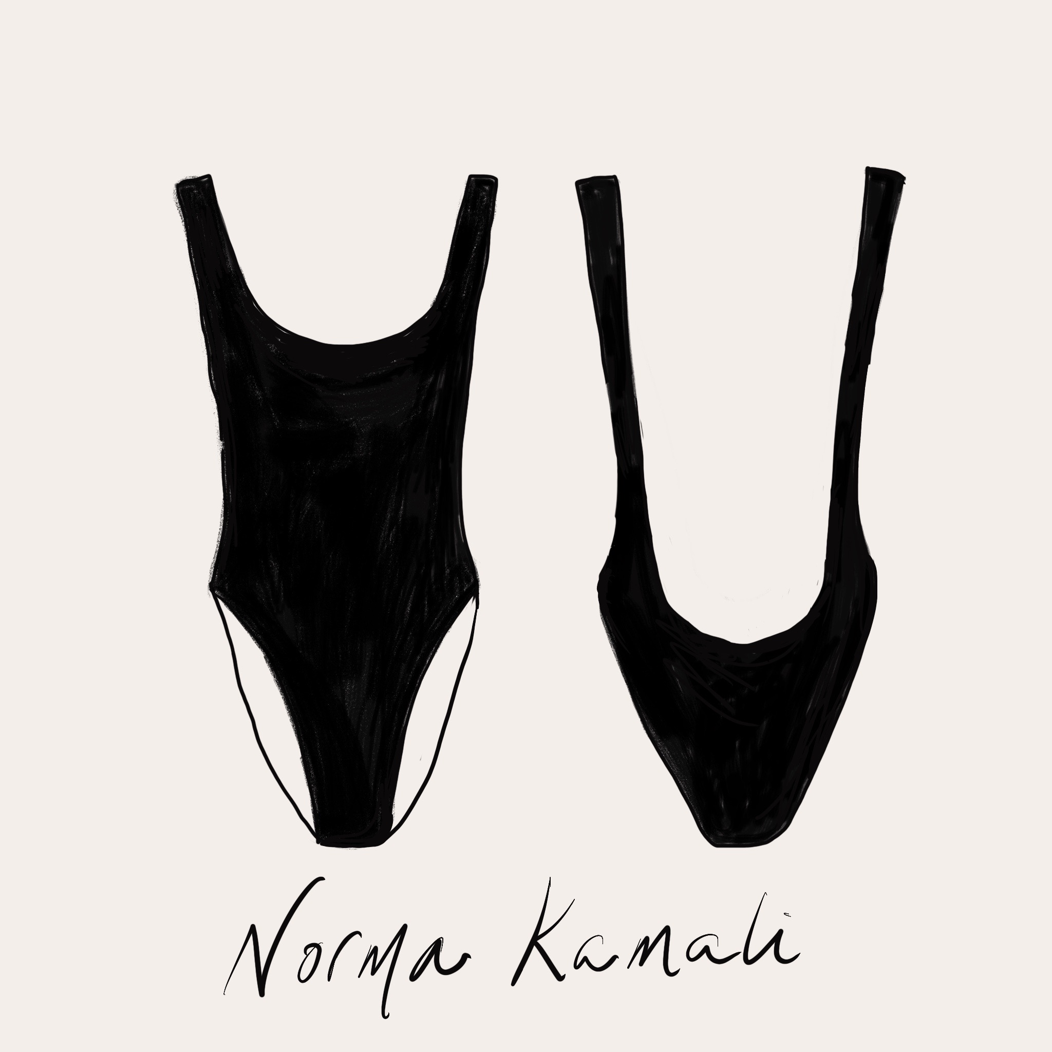 Drawing of Norma Kamali bathing suit. Fabulous Fabsters